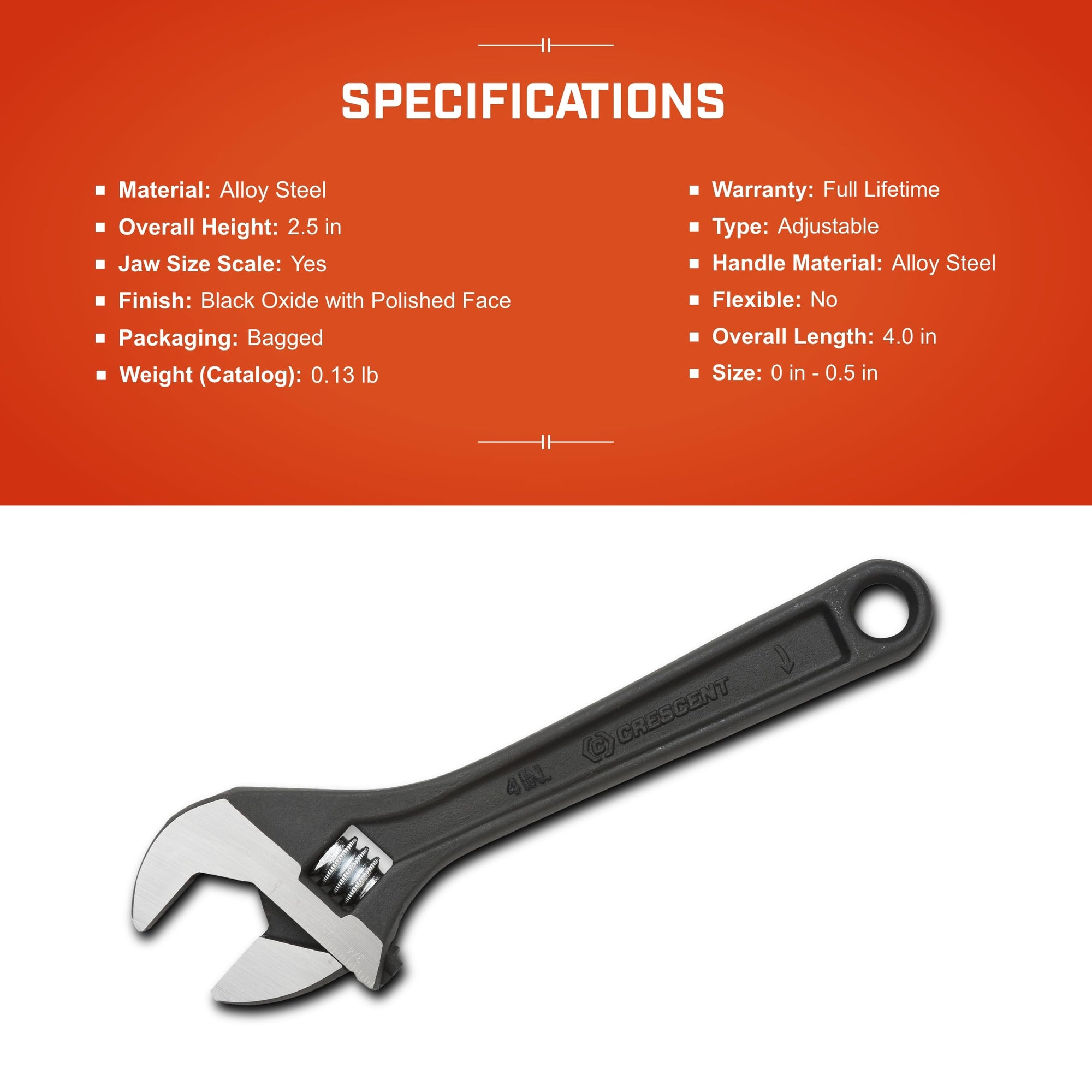 4" Adjustable Crescent Black Oxide Wrench - Bagged - AT24BK