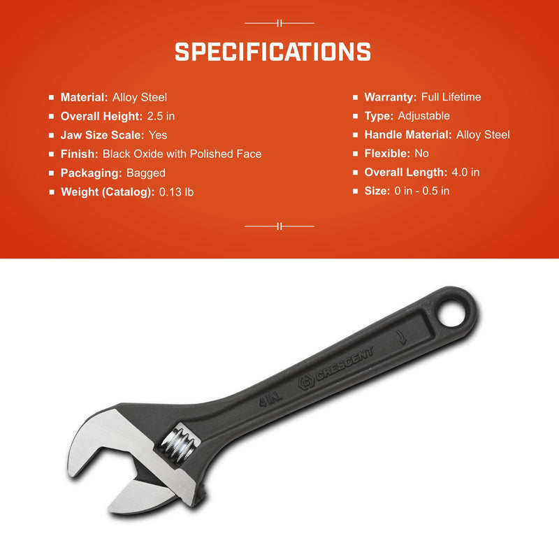 4" Adjustable Crescent Black Oxide Wrench - Bagged - AT24BK