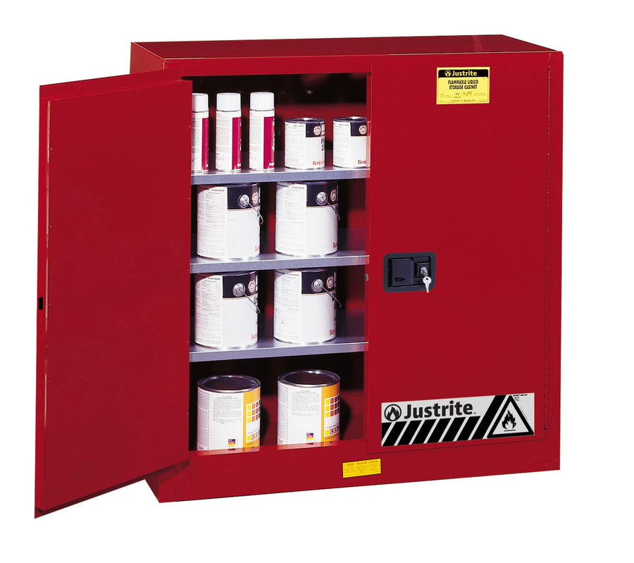 Justrite 40 Gallon Paint and Ink Manual Close Safety Cabinet, 18 Gauge Steel, 3 Shelves, 43" x 44" x 18", 2 Door Combustibles Cabinet, Made in The USA, Red, 893011