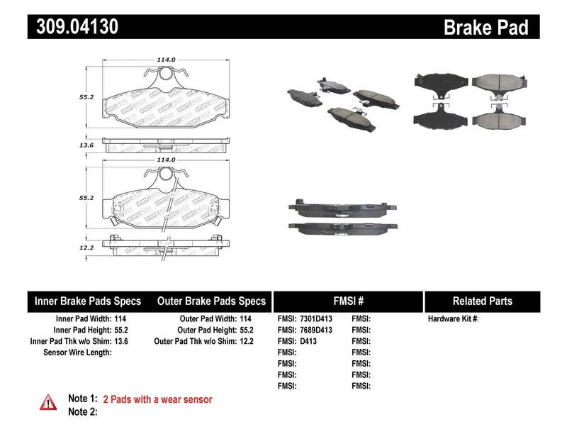 Sport Brake Pads StopTech 309.04130 with Shims and Hardware
