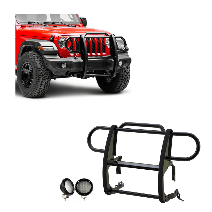 Bumper Guard Modular Black Black Horse Grille Brush Come with Pair of 5.3" Dia.LED Lights with Black Trim Rings Compatible with 2020-2024 Jeep Gladiator|2018-2024 Jeep Wrangler-17JPJLMA-PLFB