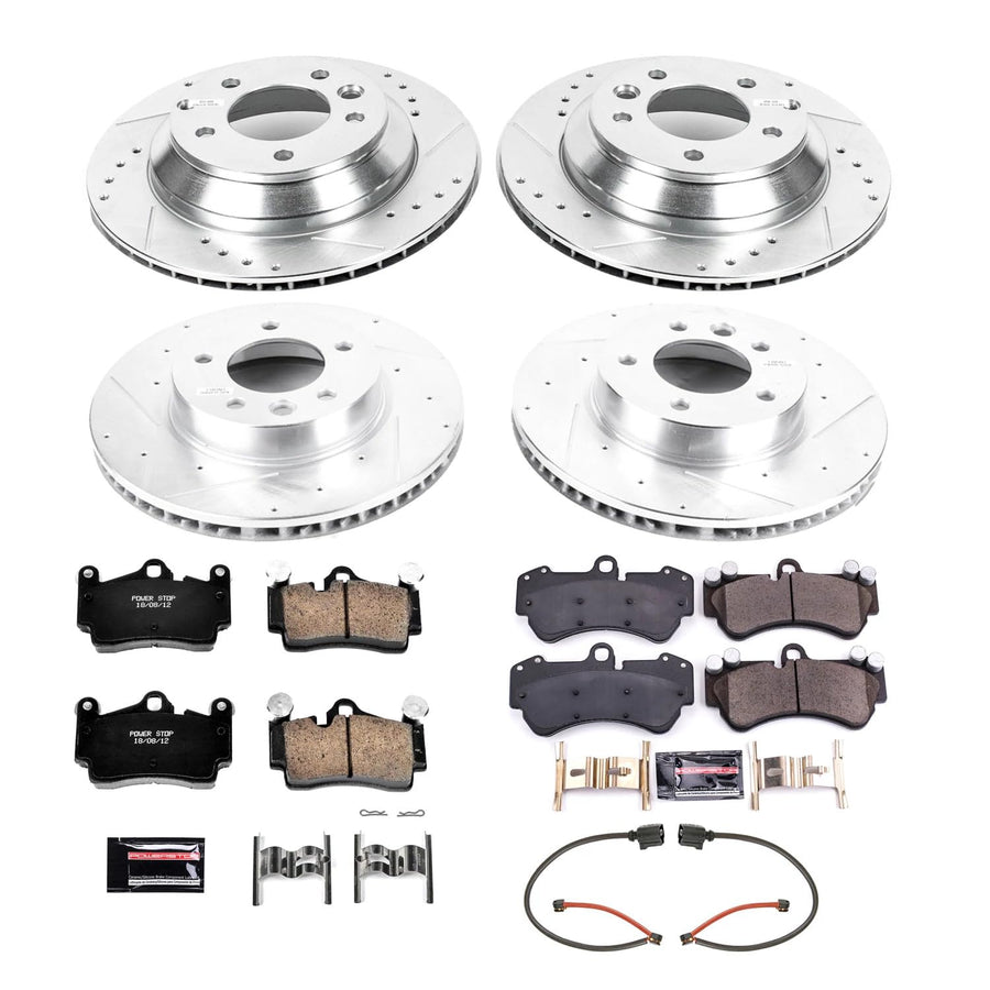 Power Stop K4495 Z23 Carbon Fiber Brake Pads Front and Rear with Drilled & Slotted Brake Rotors Kit and 2 Front & 2 Rear Sensor Wires For Porsche Cayenne, VW Touareg [Model Specific]