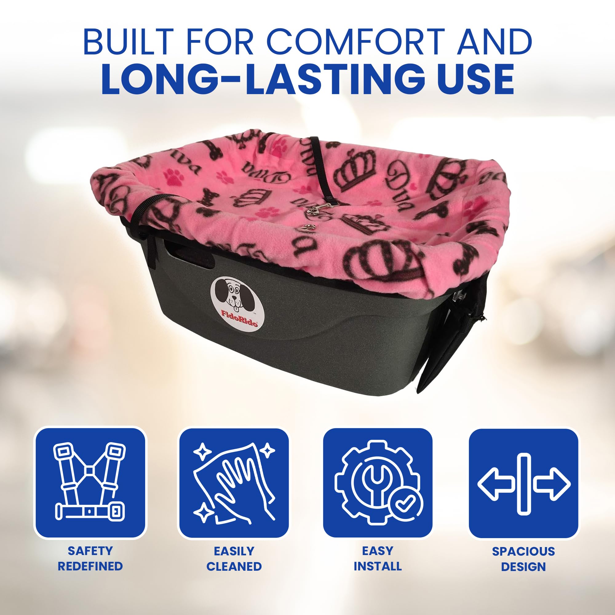 Dog Car Seat FidoRido - Booster Seat for Small to Large Dogs with Comfortable Cushions, Sherpa Cover, and Safety Straps, Easy to Install, Ideal for Travel, Pink Diva - Small Harness