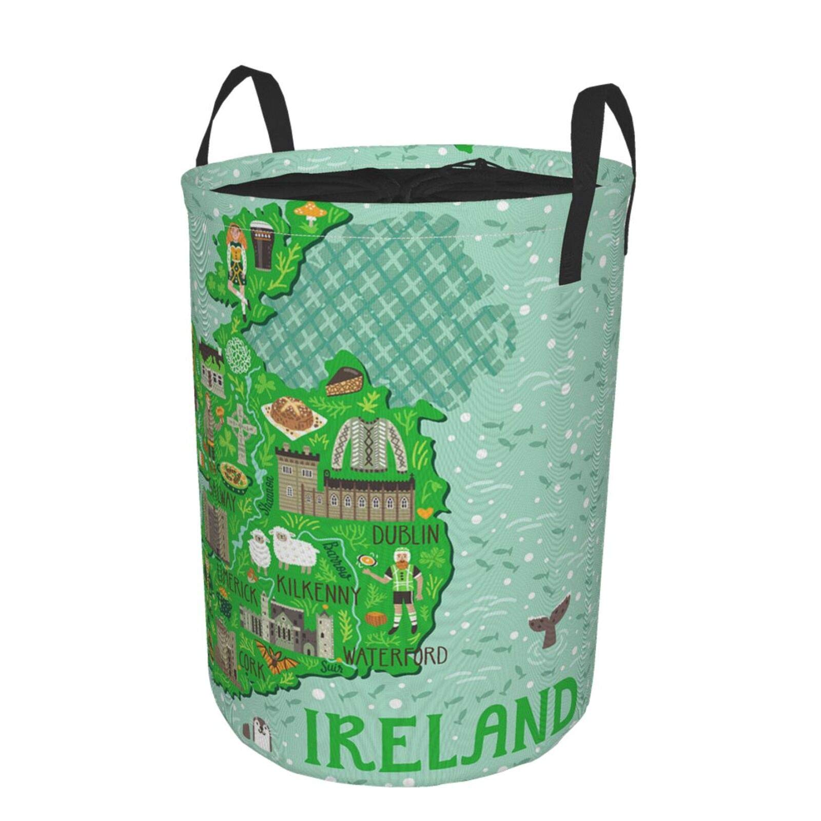 Map Of Ireland Travel Large Storage Baskets With Irish Castles People Symbols Traditional Food (1),Drawstring Waterproof Round Collapsible Laundry Hamper for Dirty Clothes Toy Home Office 21.6"X16.5"