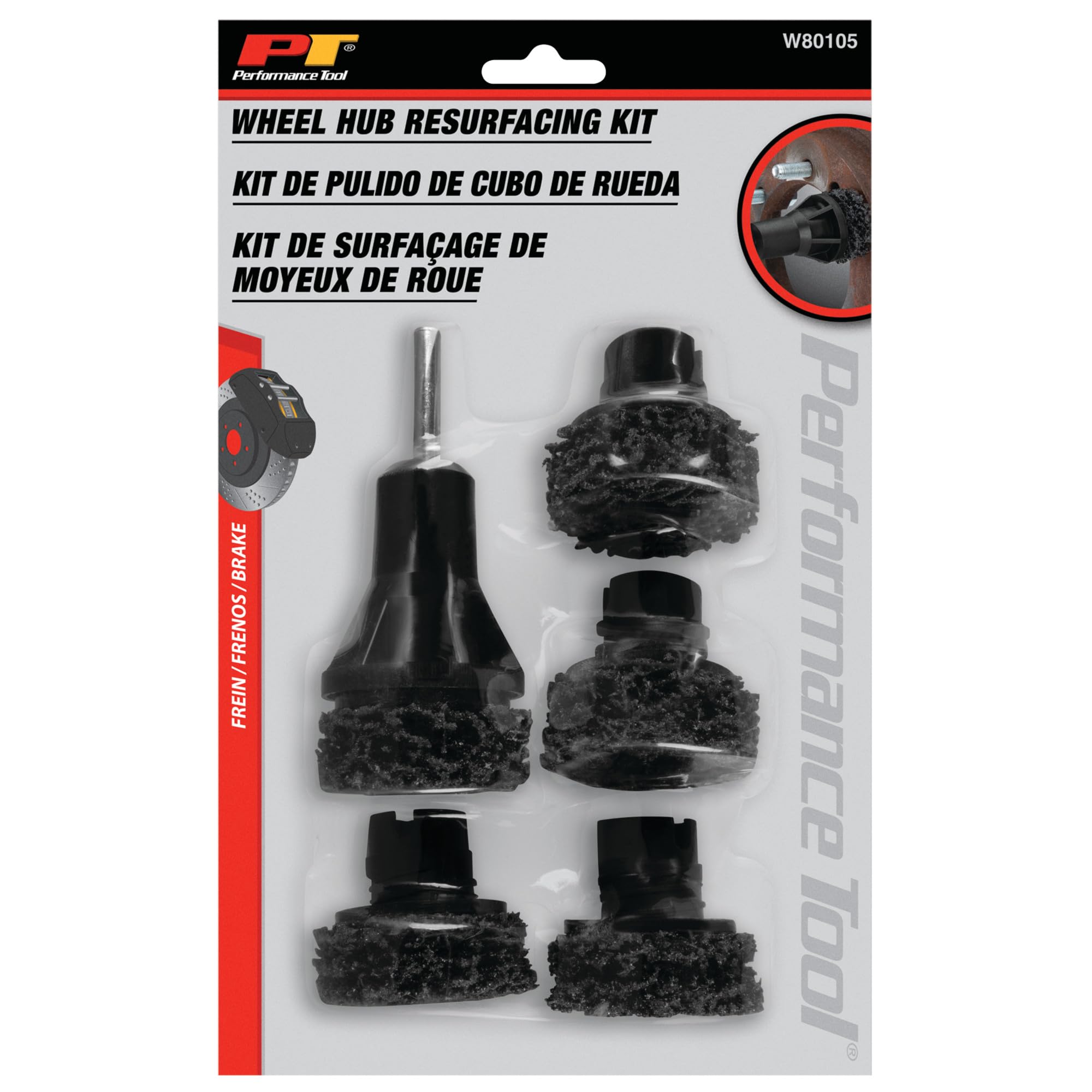 W80105 Performance Tool Wheel Hub Resurfacing Kit - Quick Rust Removal for Lug Studs and Rotors, Fits Power Drill, Includes Holder and 5 Pads