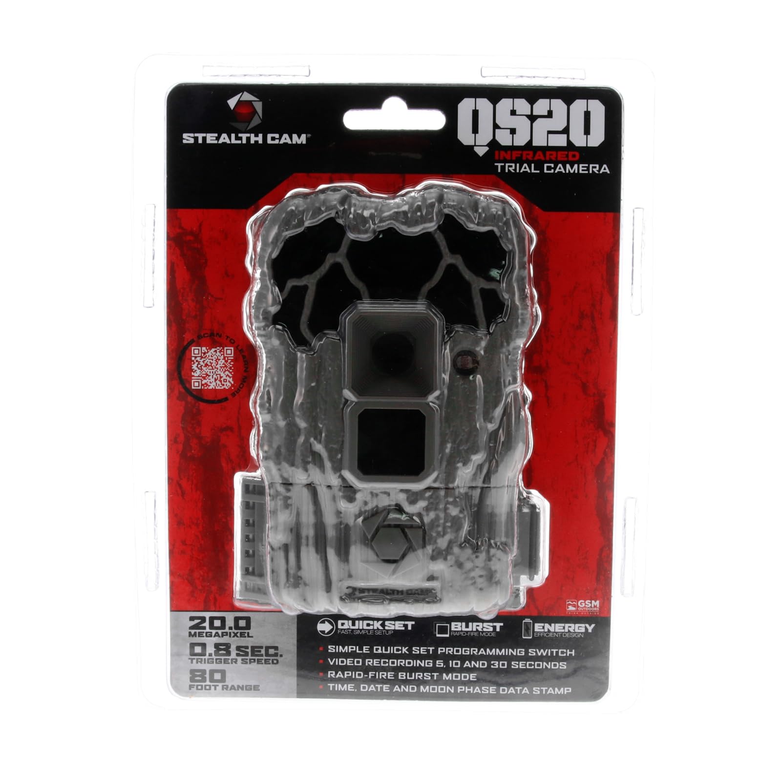 20MP Stealth CAM QS20 Photo & 720P Video at 30FPS 0.8 Sec Trigger Speed 80Ft Detection & IR Range Compact Hunting Trail Camera, 32GB SD Card Supported