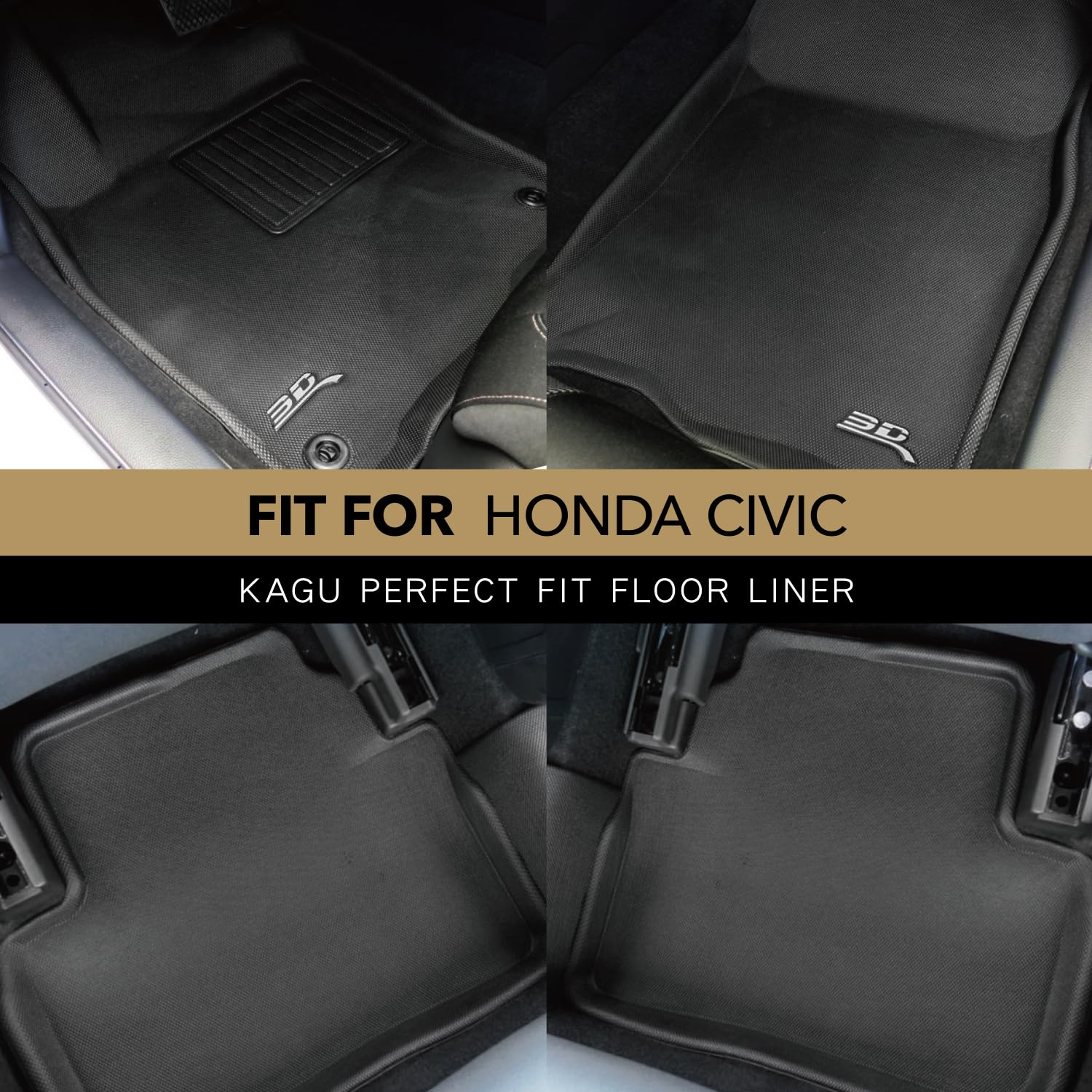 Kagu Floor Mat 3D MAXpider Custom Fit (Black) Compatible with Honda Civic 2016-2021 - Full Set