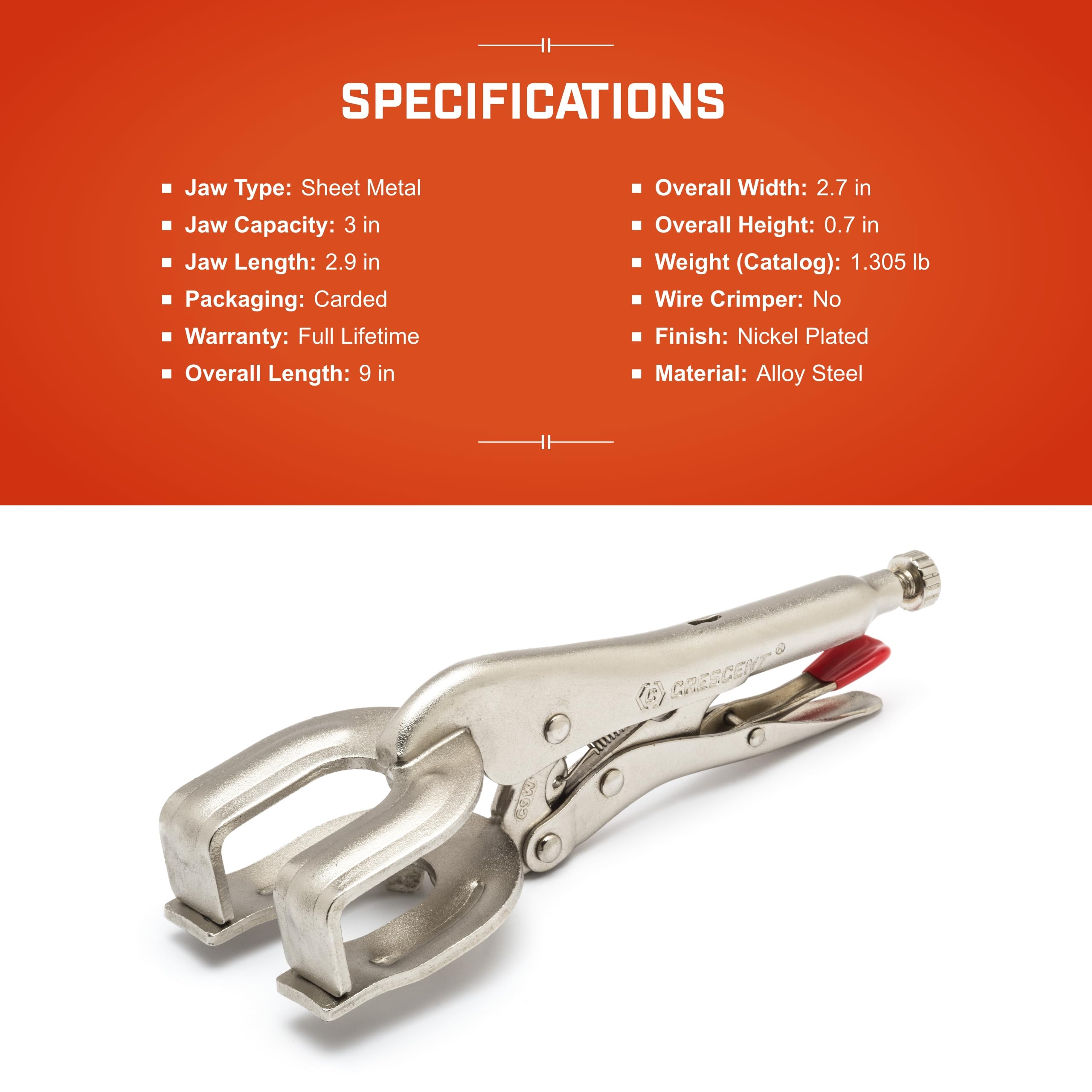 Locking Crescent Welding Clamp - Heavy-Duty Clamp for Metal Working with Hex Key Recess & Compound Action - C9WN - 9", Red