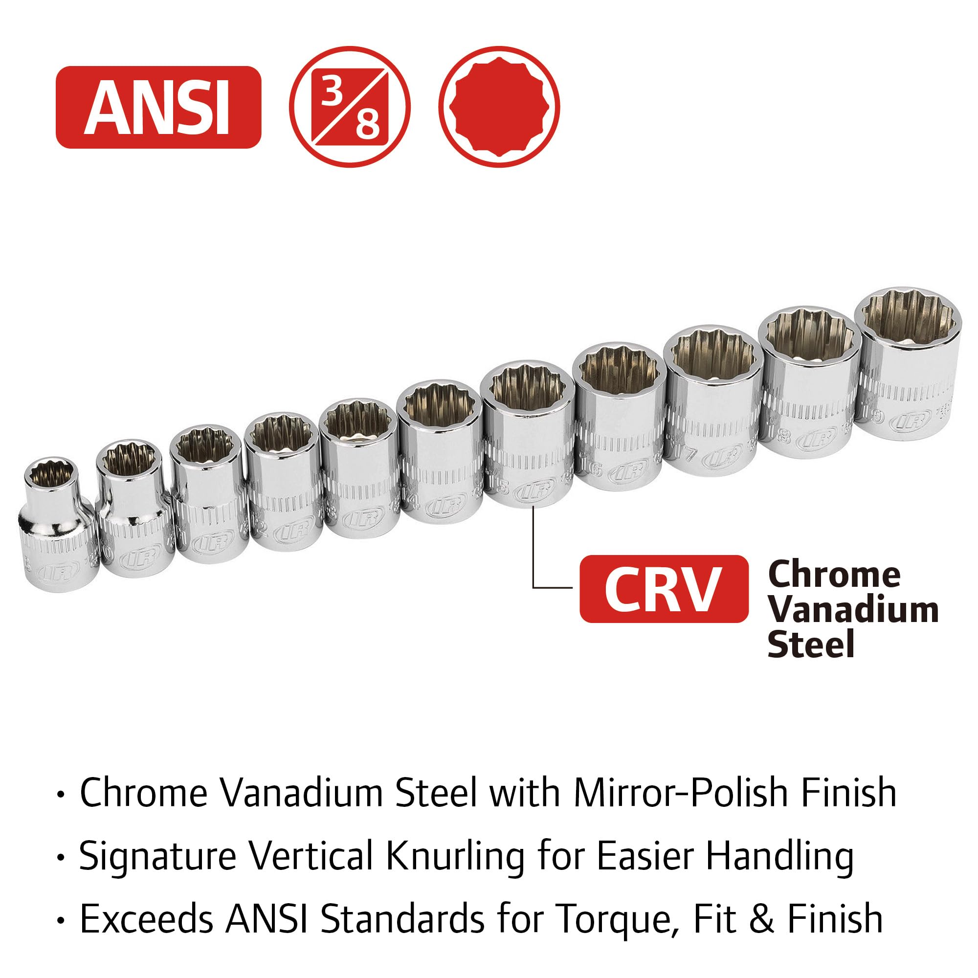 Ingersoll Rand 11-Piece Metric Shallow 3/8-Inch Drive Socket Set, 12-Point (8–19mm), Chrome Vanadium Steel, Mirror-Polish Finish, with Thermoform Organizer Tray – 752047