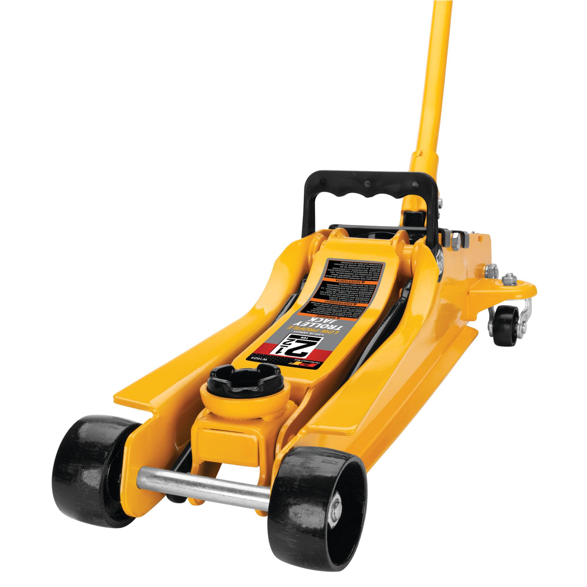 2-1/2 Ton Performance Tool Low-Profile Trolley Jack, Flanged, Powder-Coated Steel, Swivel Wheels, Carry Handle, Portable, Yellow/Black