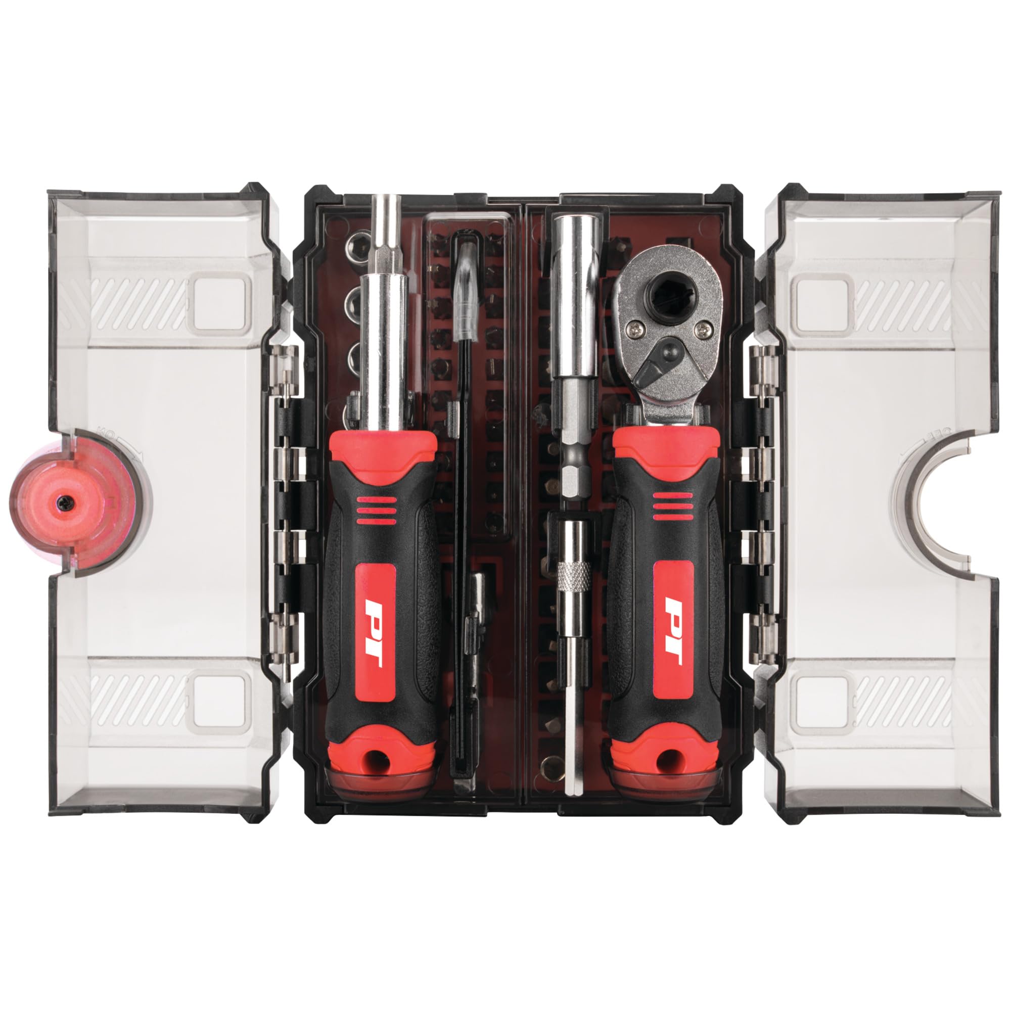 W1745 Performance Tool 78 Pc. Ratcheting Driver Tool Set, 1/4 in. Drive Ratchet, Bit Driver, Extensions, Bit Holders, Bits and Sockets, Storage Case, Red
