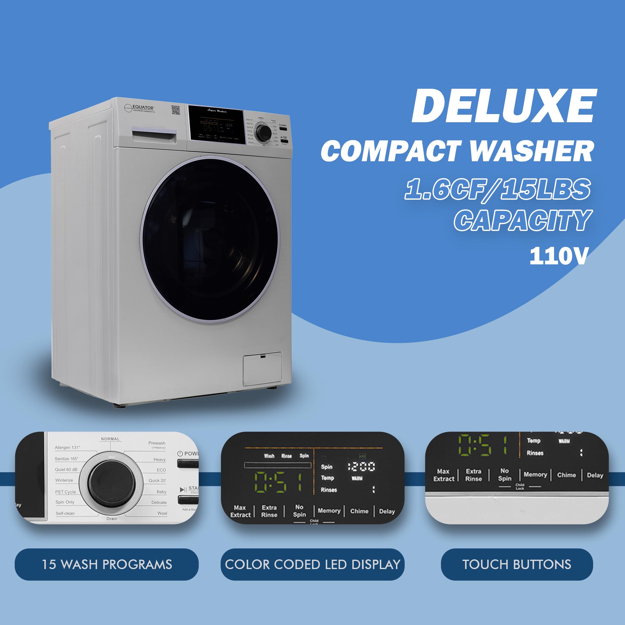 Compact Equator Washer 1.6cf/15lbs PET CYCLE 15 Programs 110V in Silver