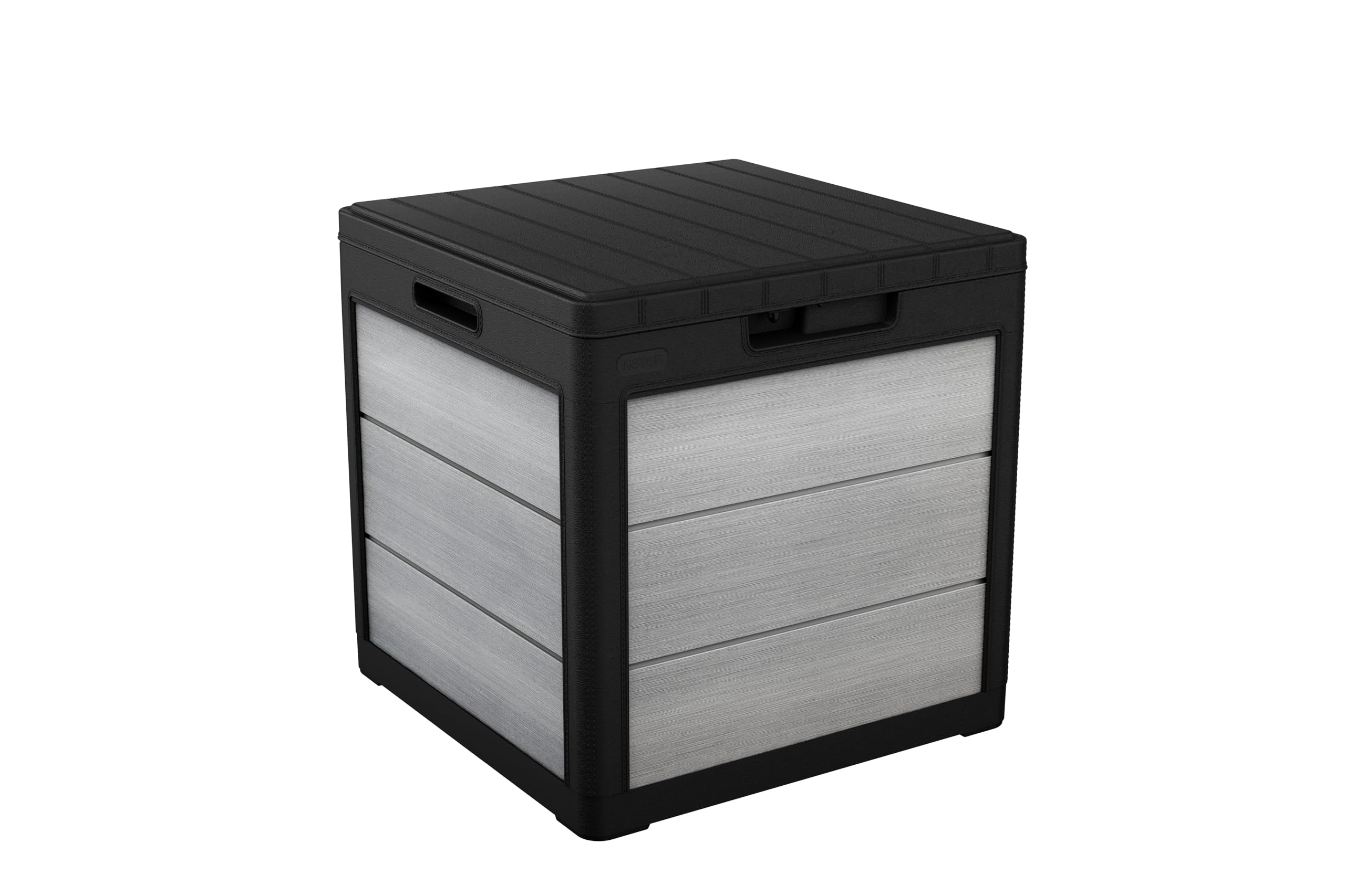Keter 30 Gallon Denali Resin Outdoor Storage Box and Patio Furniture Side Table for Pool and Garden Accessories, Grey & Black