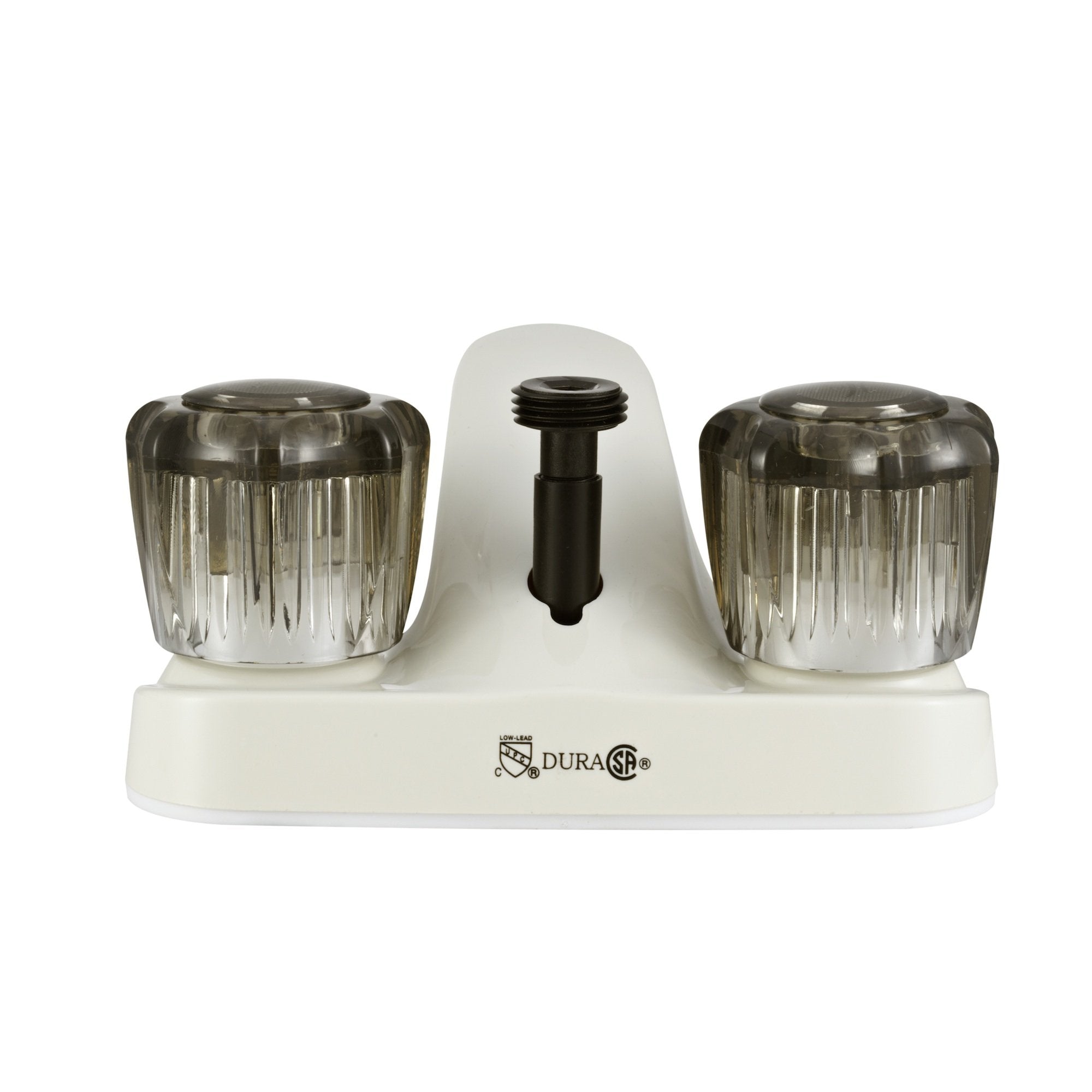 Dura Faucet RV Bathroom Faucet DF-PL720S-BQ with Smoked Acrylic Knobs and Shower Hose Diverter (Bisque Parchment)