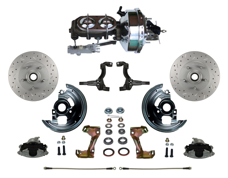 Power Front Disc Brake Conversion Kit LEED BRAKES Cross Drilled And Slotted Rotors With 9" Chrome Booster Cast Iron Chrome Top M/C Disc/Drum Side Mount