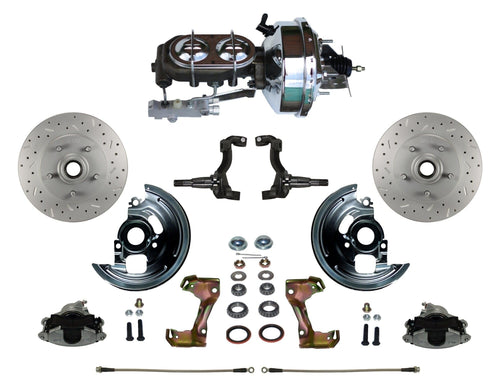 Power Front Disc Brake Conversion Kit LEED BRAKES Cross Drilled And Slotted Rotors With 9" Chrome Booster Cast Iron Chrome Top M/C Disc/Drum Side Mount