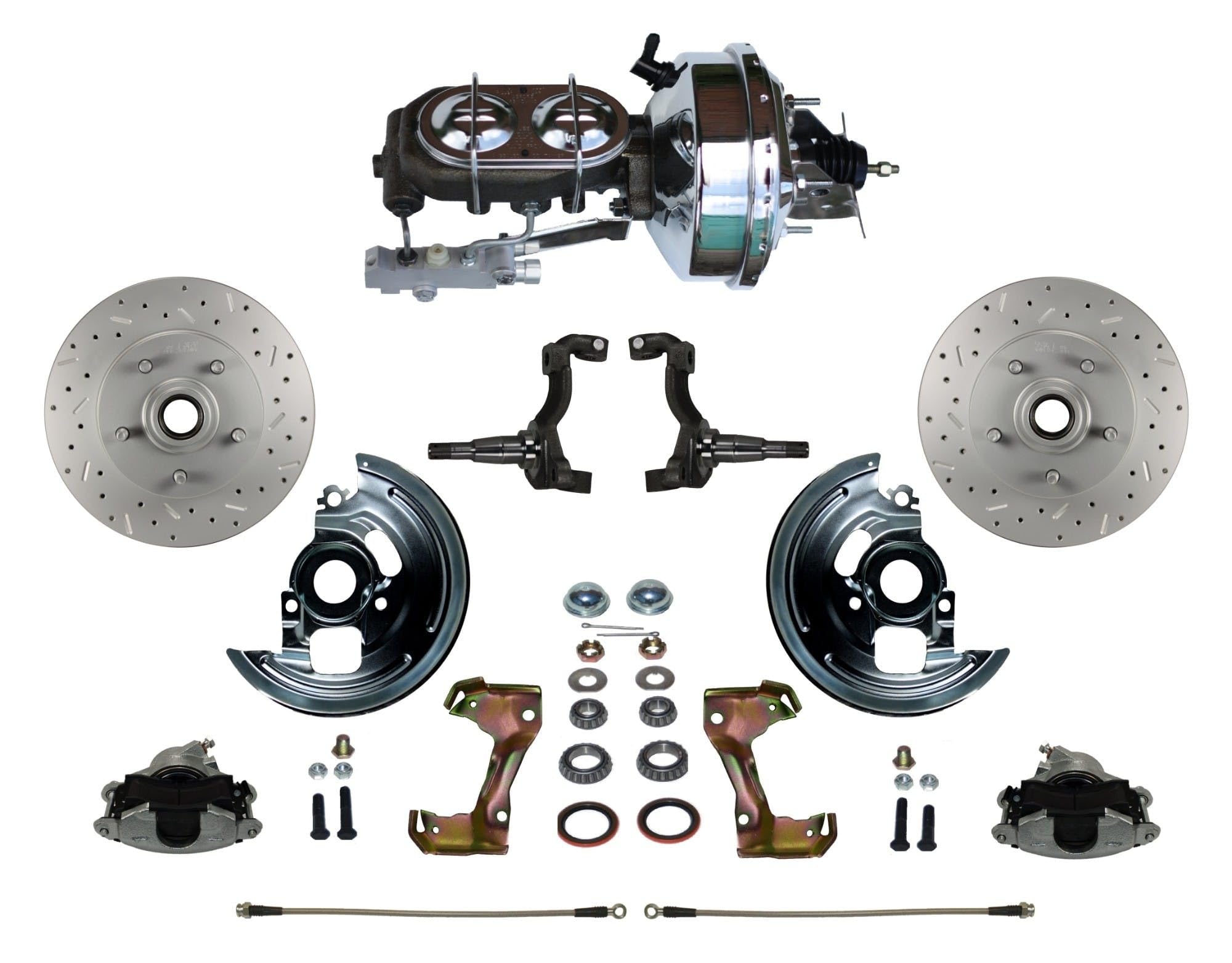 Power Front Disc Brake Conversion Kit LEED BRAKES Cross Drilled And Slotted Rotors With 9" Chrome Booster Cast Iron Chrome Top M/C Disc/Disc Side Mount