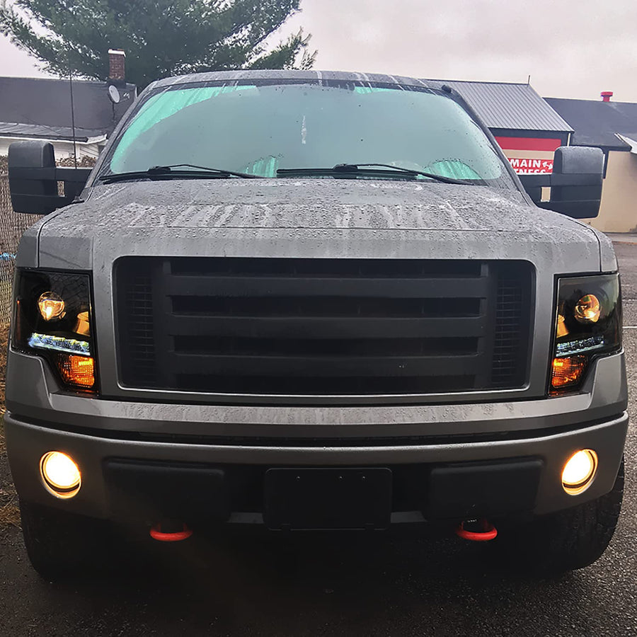 Black Smoke SPEC-D TUNING Projector Headlights w/LED Compatible with 2009-2014 Ford F-150, Left + Right Pair Headlamps Assembly
