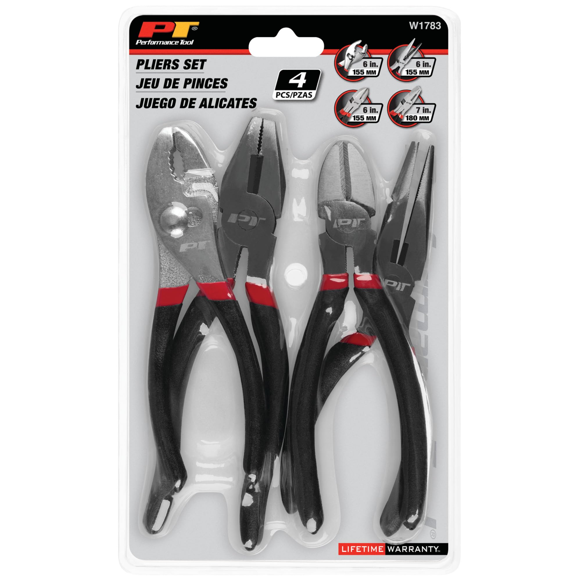 W1783 Performance Tool 4 Pc. Pliers Set - Cutting Pliers, Linesman Pliers, Long Nose Pliers, Slip Joint Pliers, Drop-Forged Steel, Cushioned Handles, Black/Red