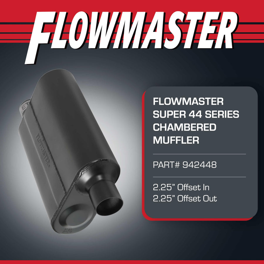 Flowmaster Super 44 Chambered Series Muffler – 2.25” - Offset In/Offset Out – Aggressive Sound – 16 Gauge Aluminized Steel – For Classic & Late Muscle Cars, Street Rods, Trucks, SUVs (942448)
