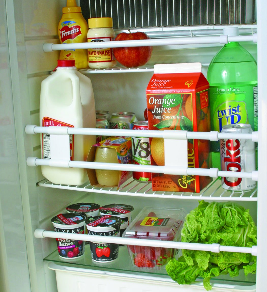 Camco 34" RV Double Refrigerator Bar -Holds Food and Drinks in Place During Travel - Prevents Messy Spills - Spring Loaded and Extends Between 19" and 34" - White (44074)