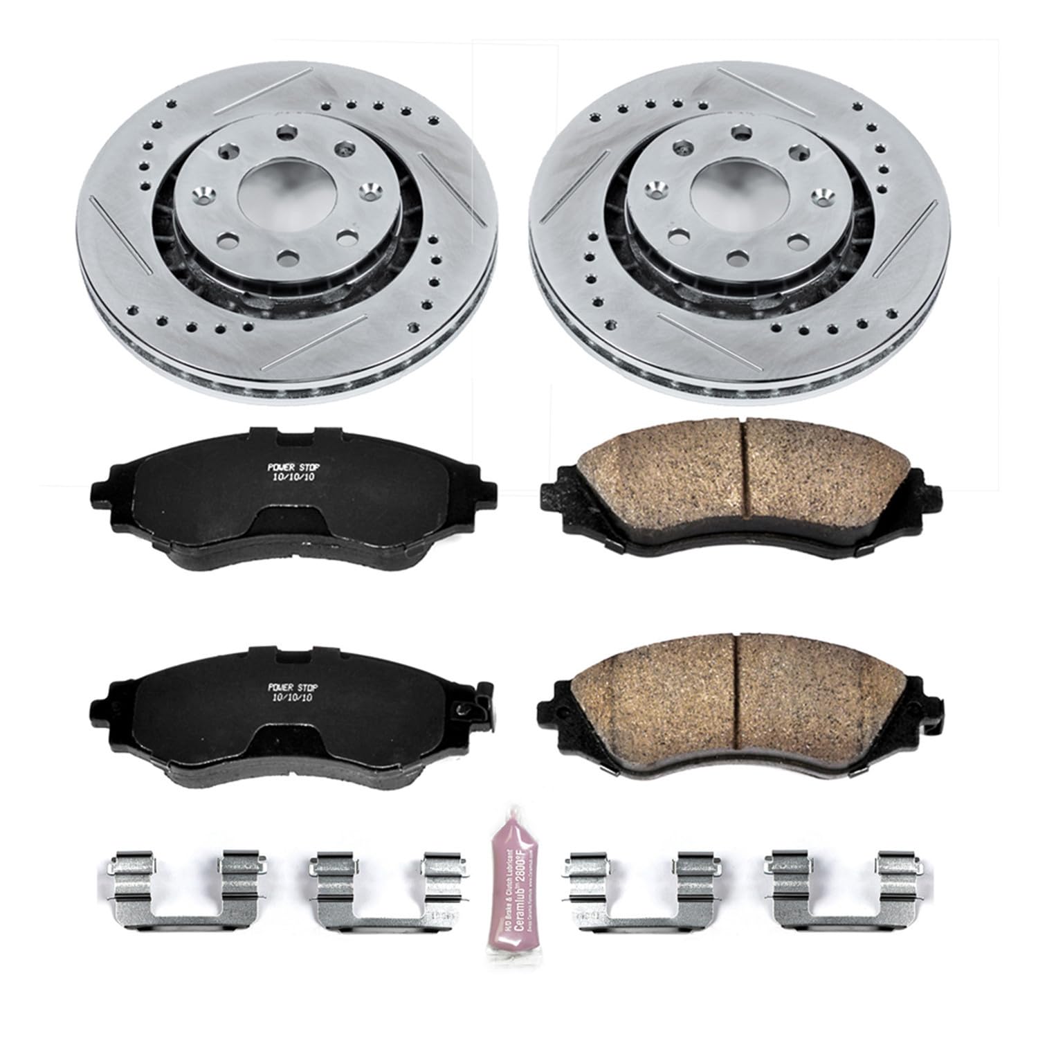 Power Stop K5893 Z23 Carbon Fiber Brake Pads Front with Drilled & Slotted Brake Rotors Kit [Application Specific] For Chevy Aveo, Chevy Aveo5, Chevy Spark, Chevy Spark EV, Pontiac G3 [Model Specific]