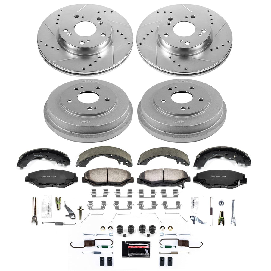Power Stop Brake Kit Front and Rear For 2013 2014 Honda Fit - Truck & Tow Carbon Fiber Ceramic Pads, Drums, & Drilled and Slotted Rotors Replacement, K15541DK-36