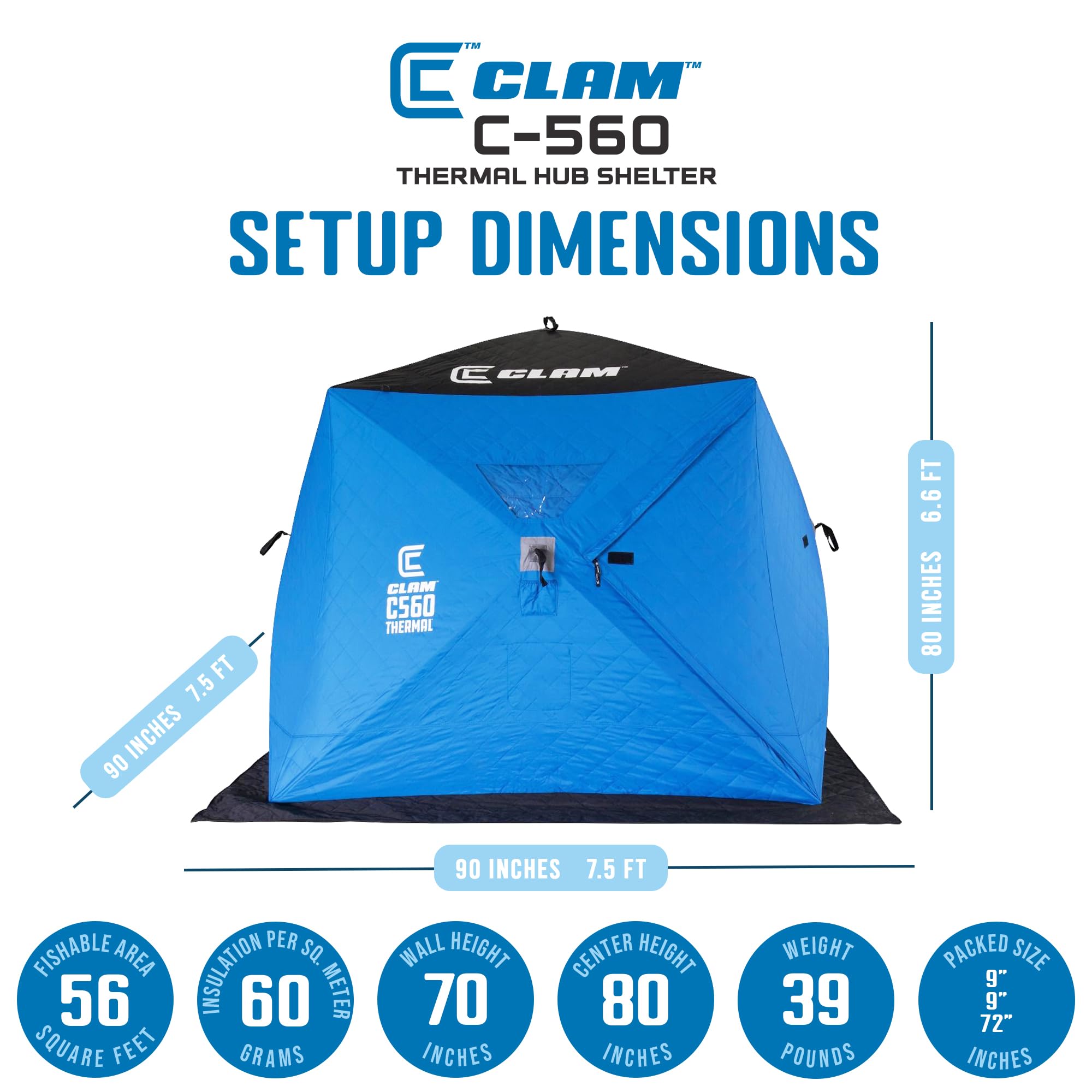 C-560 CLAM 4 Person Thermal Ice Fishing Shelter - 7.5 ft Pop Up Tent with Anchors & Carry Bag