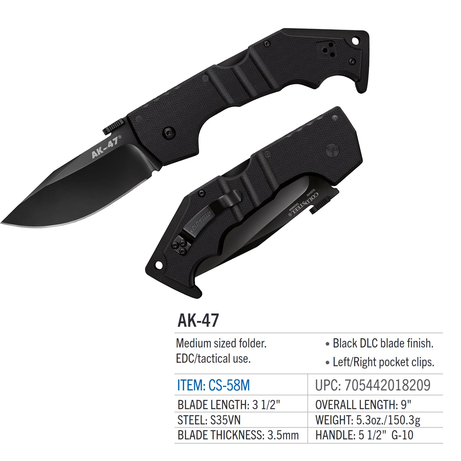 Cold Steel 3.5" AK-47 S35VN Razor-Sharp Clip Point Blade 5.5" G-10 Handle Tactical Folding Knife w/Tri-Ad Lock, Ambidextrous Pocket/Belt Clip