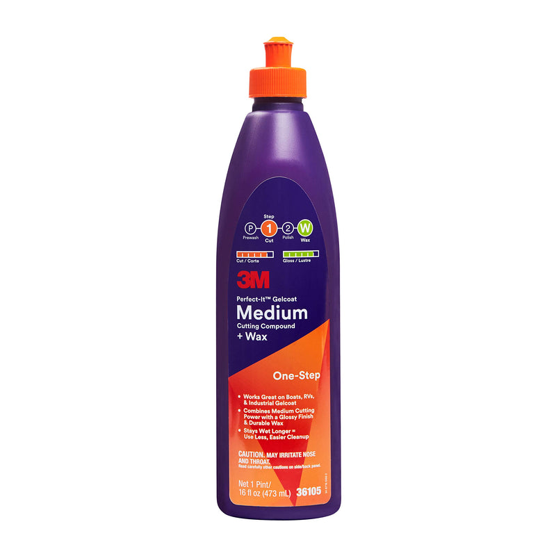 3M Perfect-It Medium Cutting Compound Gelcoat + Wax, 36105, 1 Pint, One-Step Process, P1500 and Finer Scratches, Fiberglass Oxidation Remover for Boats and RVs, White