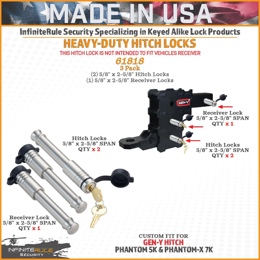 3 Pack Mixed 2.0, Keyed Alike, Hitch Locks for Gen-Y Hitch Phantom-X 7K & Phantom 5K Hitches | 61818 - Includes Lock for 2.0" Receiver - Does NOT FIT 2015+ Toyota 2.0" Receiver.