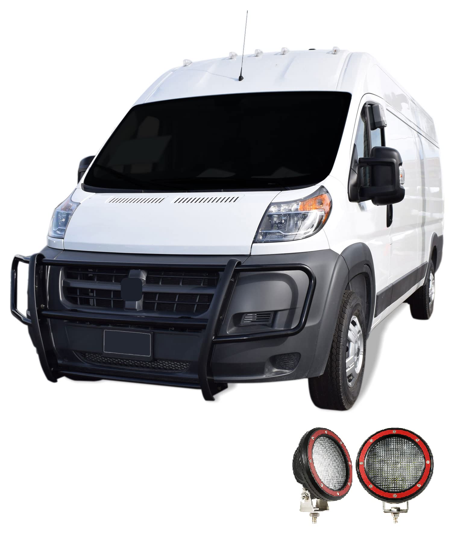 SPARTAN Black Horse Grille brush Bumper Guard Modular Black Come With Pair of 5.3"LED Light with Red Trim Rings Compatible with 2014-2022 Ram Promaster 1500/Promaster 2500/Promaster 3500-17DOPRMA-PLFR
