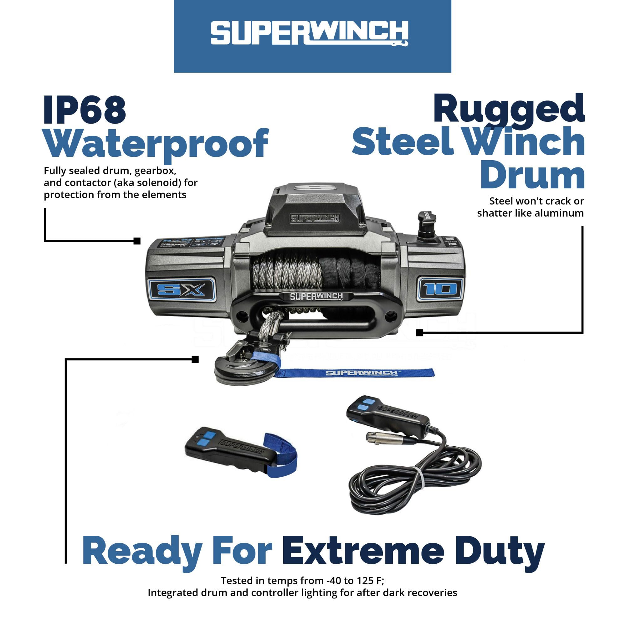 SX10SR Superwinch 1710201 12V DC Winch 10,000 Lb/4,536 Kg Single Line Pull With Hawse Fairlead, 3/8in X 80ft Synthetic Rope, Corded Handheld And Wireless Remote