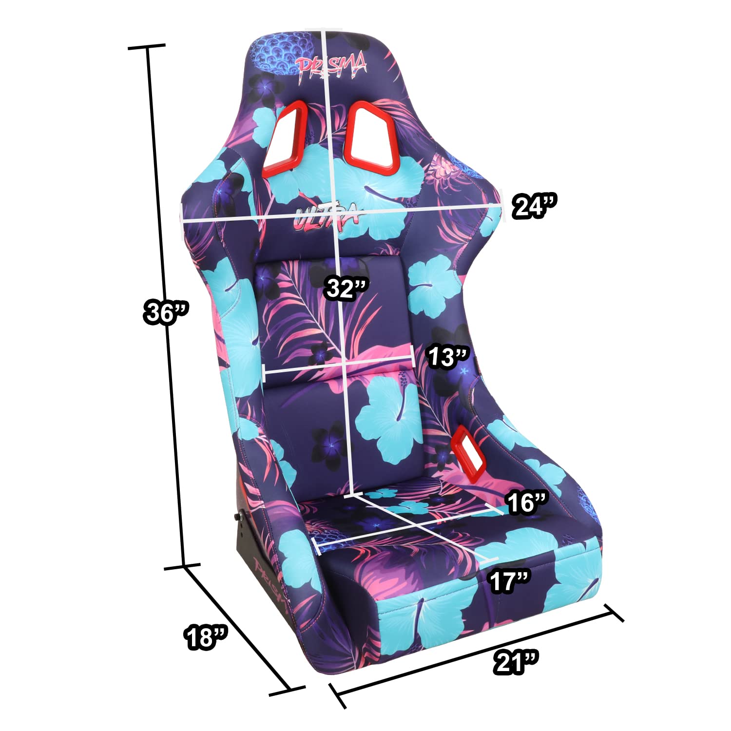 NRG Innovations Prisma FRP-302-PINA Fixed Back Bucket Racing Seat with Bottom Mount Bracket, Invert Tropical Print/Purple Sparkled Paint Back