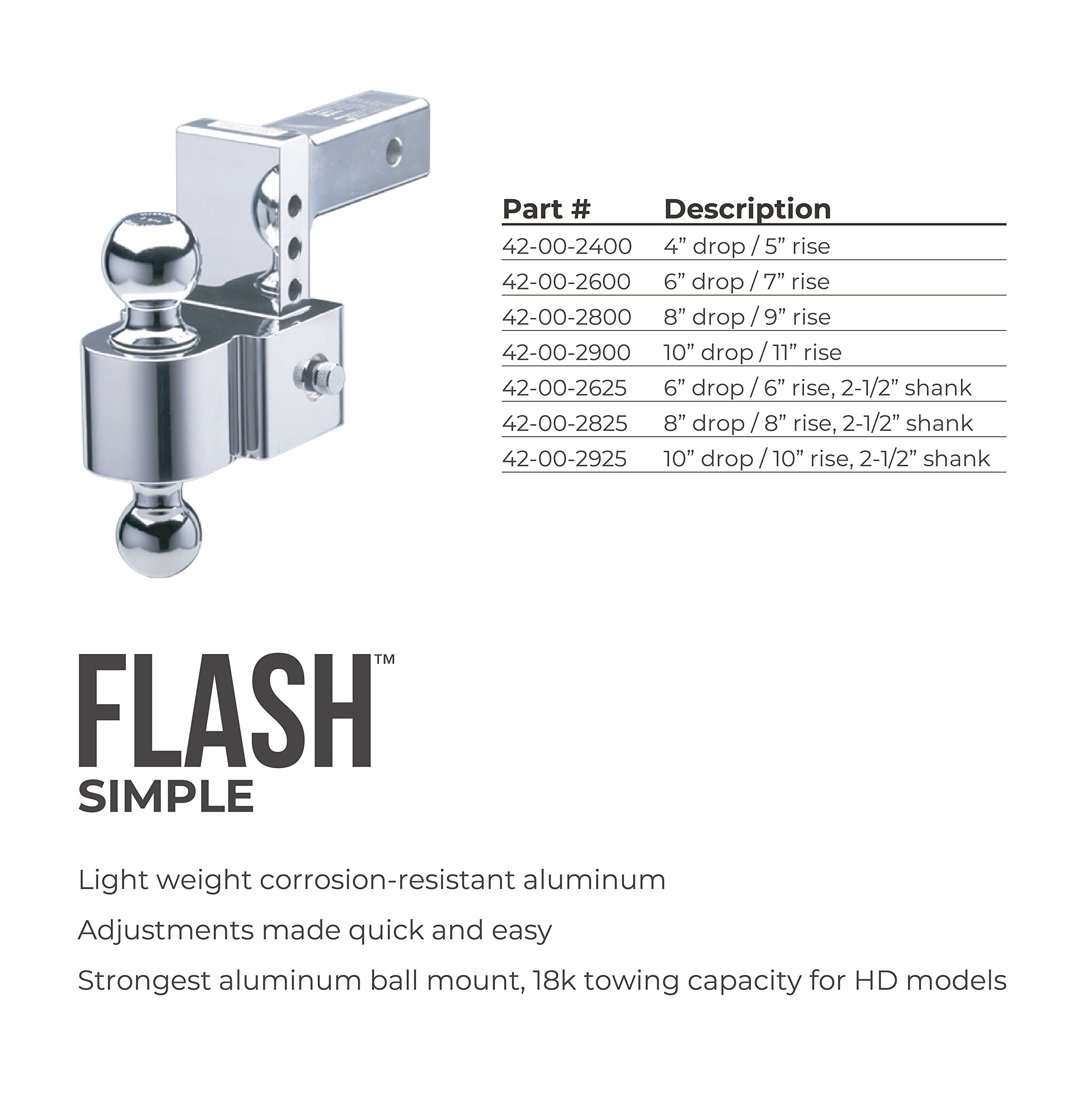 Fastway Flash E Series HD Adjustable Aluminum Ball Mount with 6 Inch Drop, 2.5 Inch Shank, and Chrome Plated Balls 42-00-2625