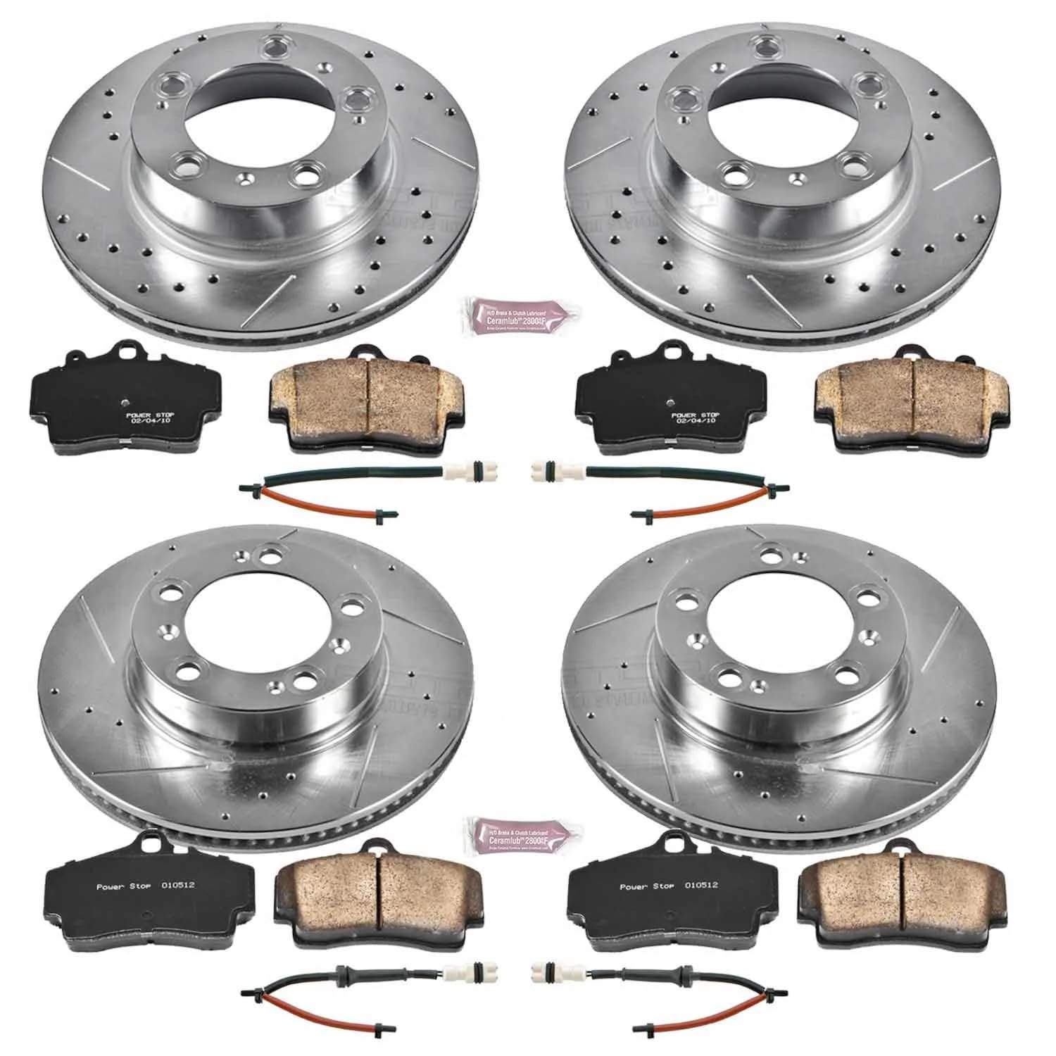 Power Stop K4406 Z23 Carbon Fiber Brake Pads Front and Rear with Drilled & Slotted Brake Rotors Kit and 2 Front & 2 Rear Sensor Wires For Porsche Boxster 1997-1999 [Model Specific]
