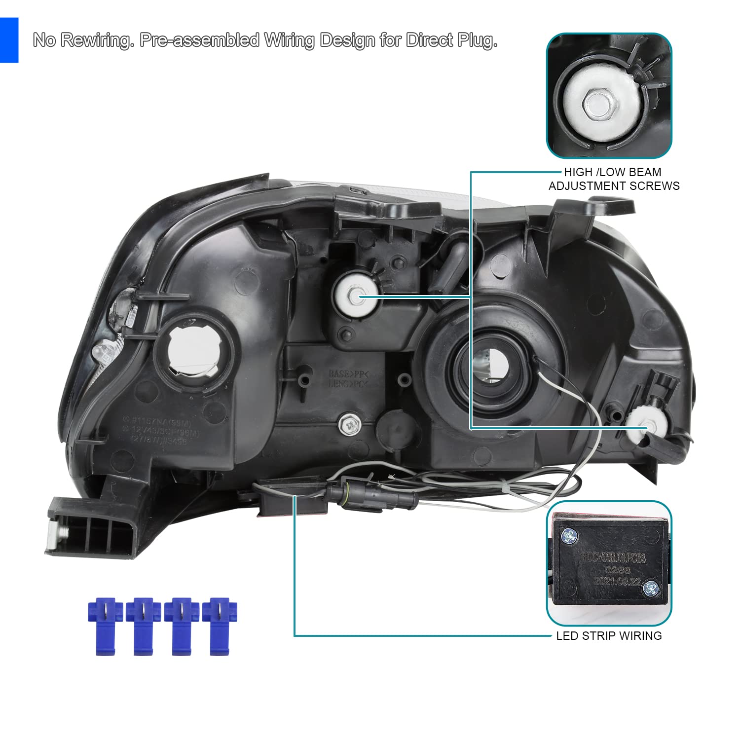 Clear Spec-D Tuning Headlights Replacement w/LED Strip Compatible with 1999-2000 Honda Civic EK/EJ/EM