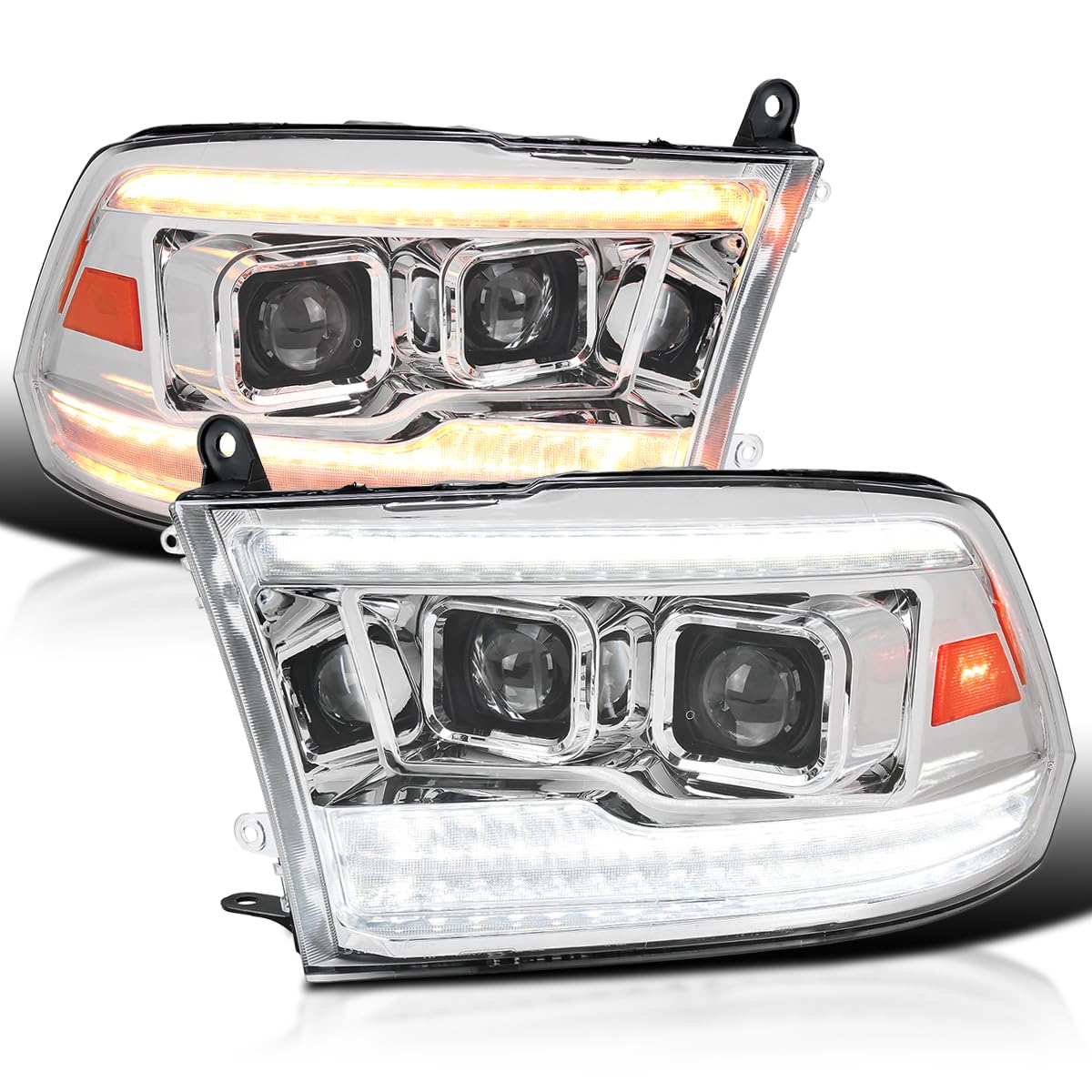 Chrome Projector Headlights SPEC-D TUNING w/Sequential Switchback LED Signal and Startup Animation Compatible with 2009-2018 Dodge Ram, 2019 Ram Classic, Left + Right Pair Headlamps Assembly