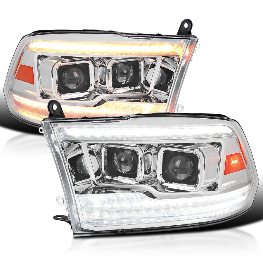 Chrome Projector Headlights SPEC-D TUNING w/Sequential Switchback LED Signal and Startup Animation Compatible with 2009-2018 Dodge Ram, 2019 Ram Classic, Left + Right Pair Headlamps Assembly