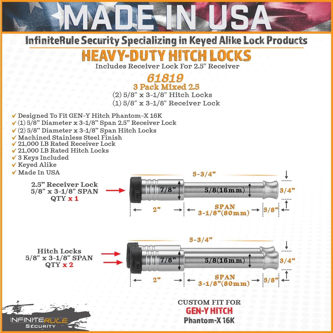 61819 InfiniteRule Security | 3 Pack Mixed 2.5, Keyed Alike, Hitch Locks for Gen-Y Hitch Phantom-X 16K & Phantom Flip & Tow Hitches - Includes Lock for 2.5" Receiver