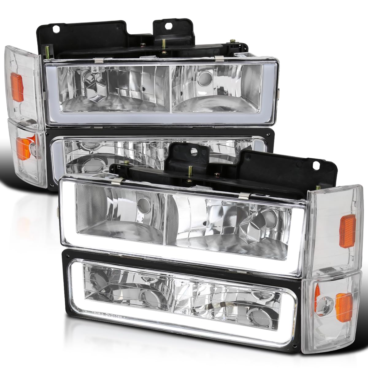 LED Tube Headlights + Bumper Lights + Corner Lights SPEC-D TUNING Compatible with 1988-1993 Chevy GMC C10 C/K Suburban, Left + Right Pair Headlamps Assembly