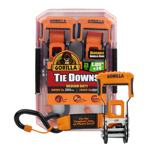 Gorilla 93002 1.25" X 14' 2 Pk Ratchet Strap W/Orange Gorilla-Grip Handle W/Cap Locks (Orange Webbing)