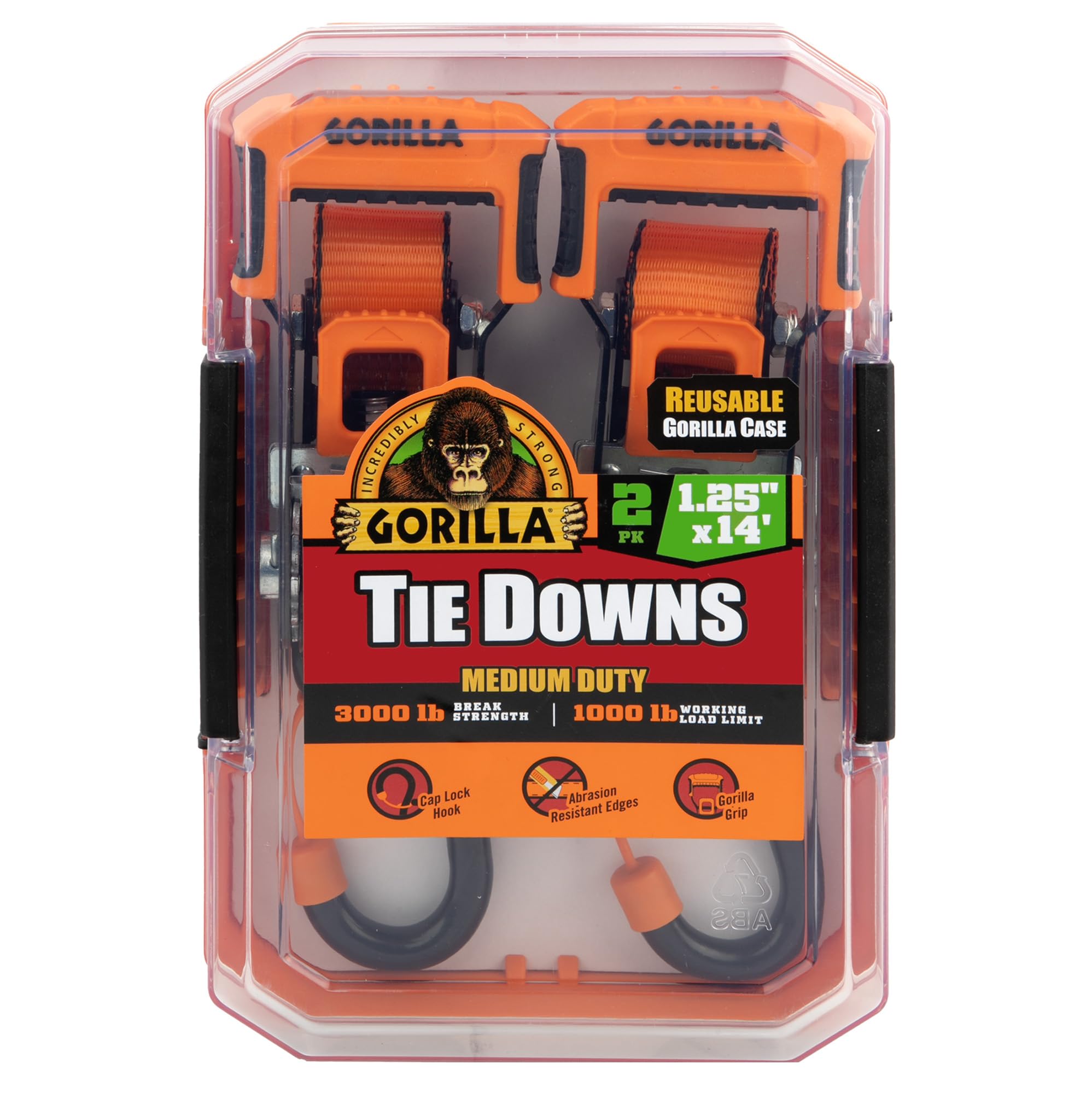 Gorilla 93002 1.25" X 14' 2 Pk Ratchet Strap W/Orange Gorilla-Grip Handle W/Cap Locks (Orange Webbing)