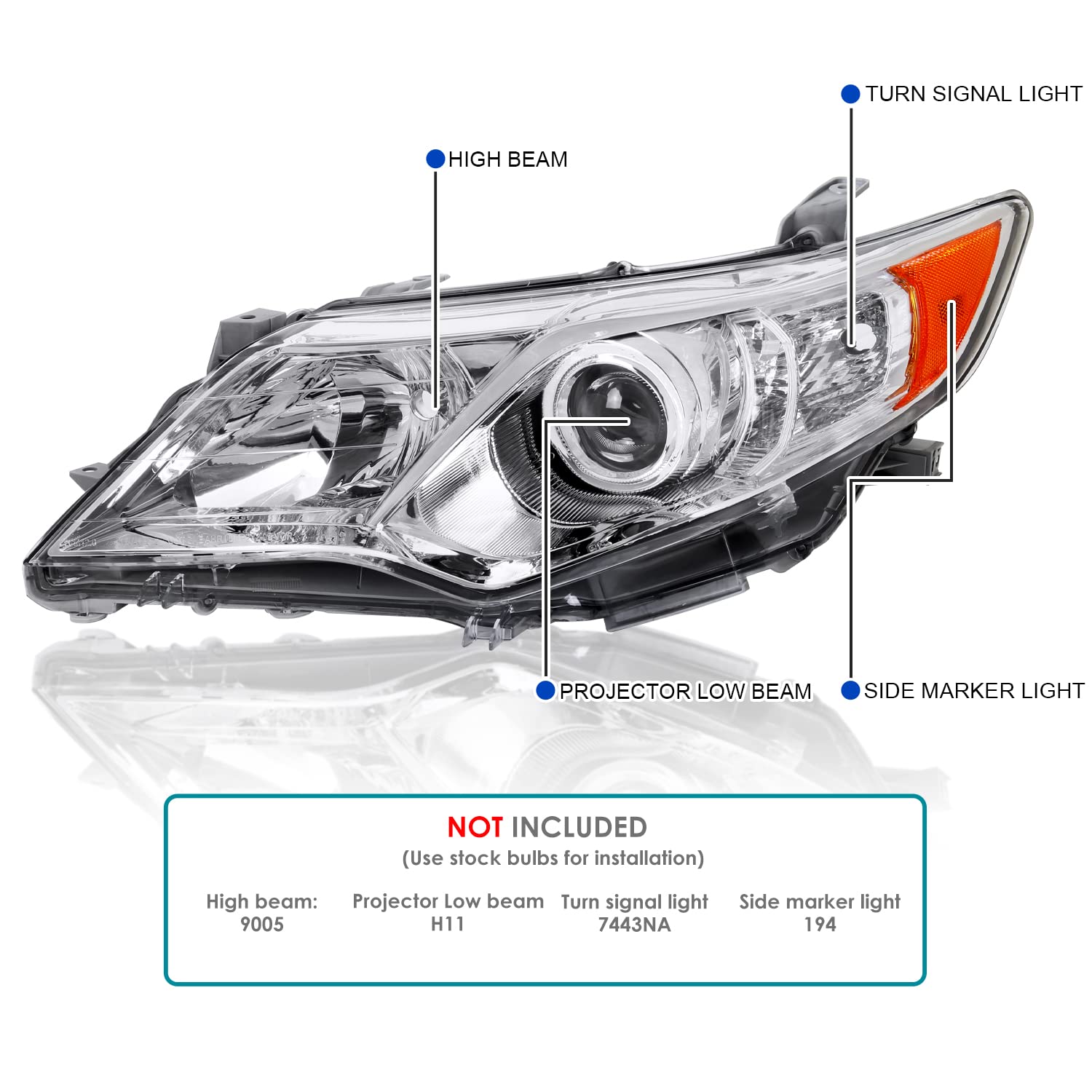 Left Driver Side SPEC-D TUNING Chrome Projector Headlight Compatible with 2012-2014 Toyota Camry