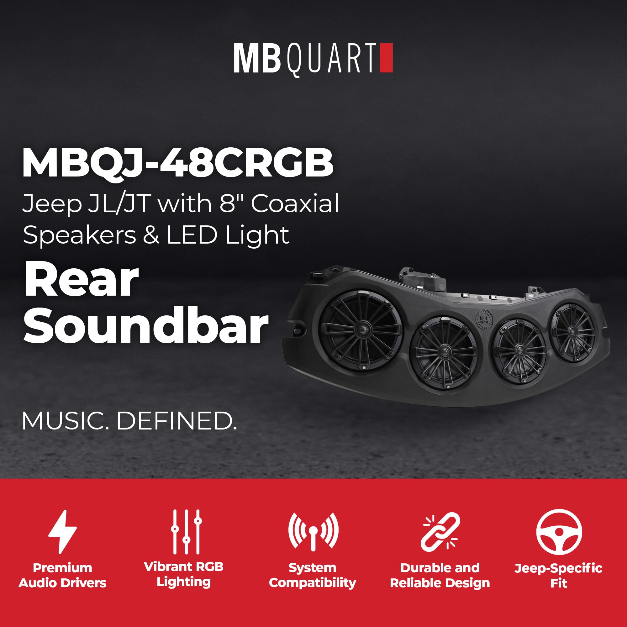 MB Quart Soundbar Rear with 8-Inch Coaxial Speakers, Titanium Tweeters, RGB Light - Compatible with Jeep Gladiator (JT) 20-23 & Wrangler (JL) 18-23
