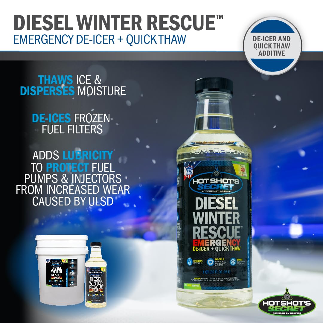 Diesel Winter Rescue Hot Shot's Secret Emergency De-icer & Quick Thaw 1 Quart Bottle, Diesel Anti-Gel Fuel Additive Disperses Moisture & De-ices Fuel in Filters, Lines, Pumps & Tank