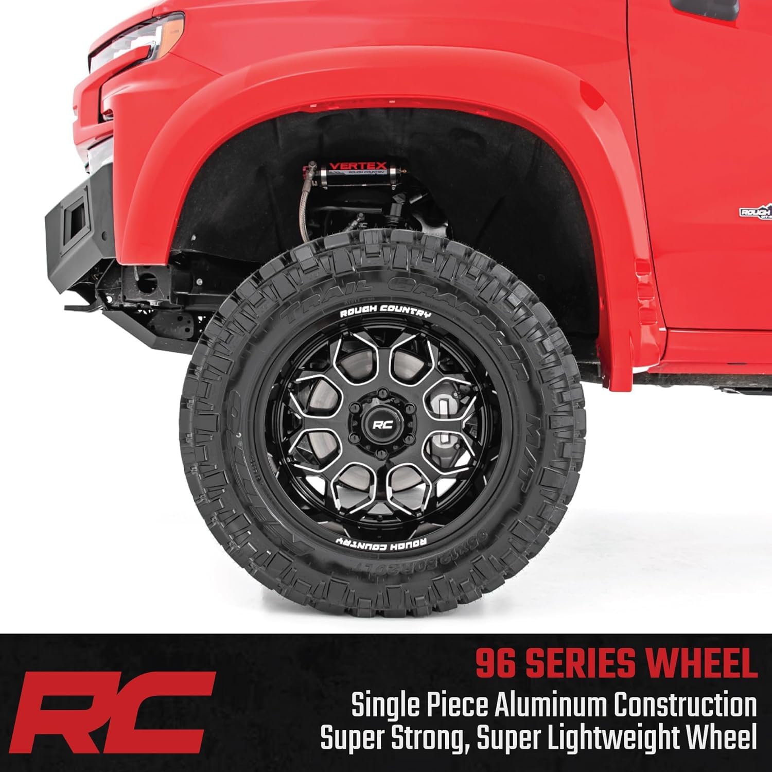 20x10 Rough Country One-Piece Aluminum Wheel, 6x5.5" Bolt Pattern, 19mm Offset - Gloss Black w/Milled Accents, 8-Spoke, Lightweight with Center Cap