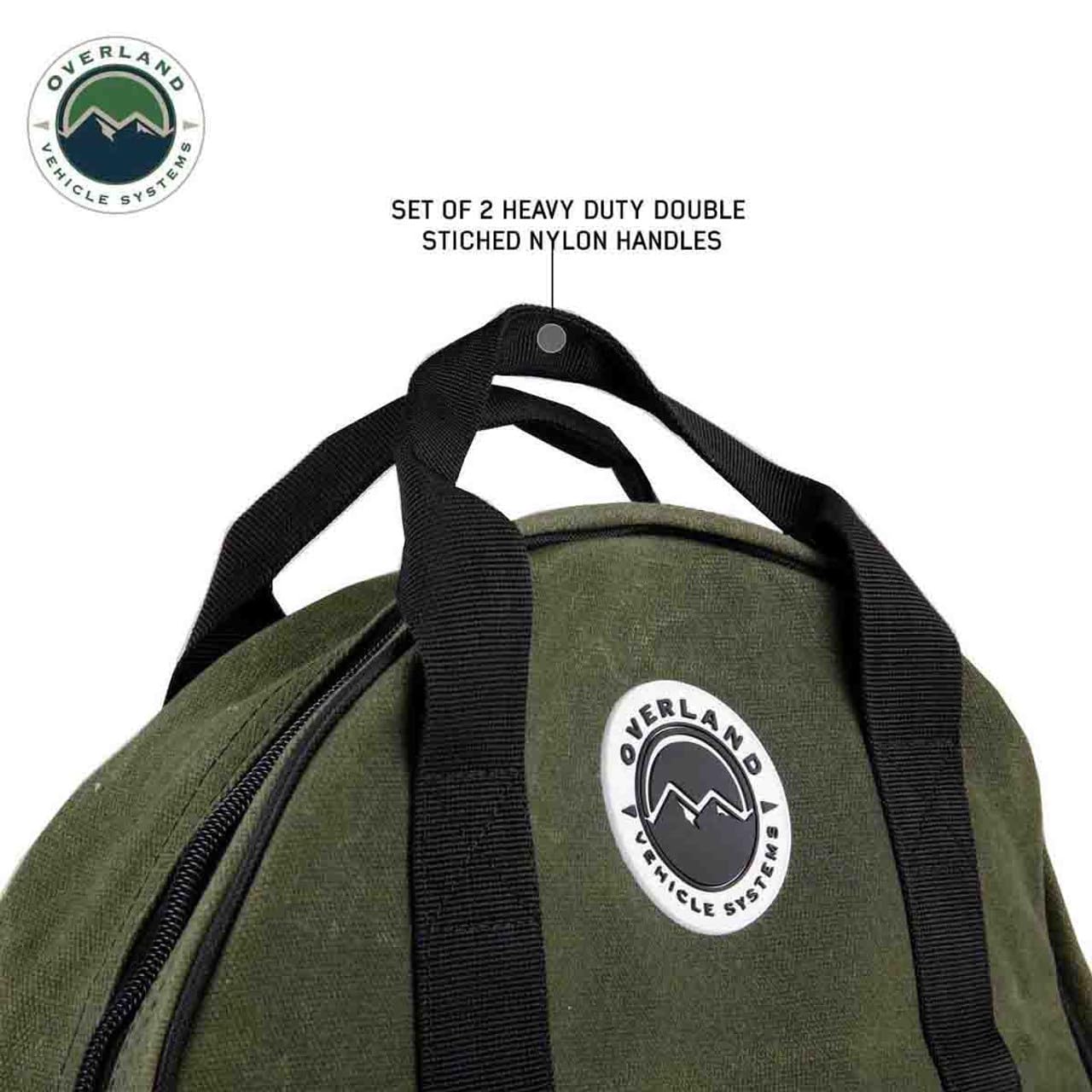 Jumper Cable Storage Bag Overland Vehicle Systems - #16 Waxed Canvas - Infused with Paraffin Wax Waterproofing - 7 Outside Tool Pockets, 3 Internal Tool Pockets, Two Heavy Duty Velcro Straps
