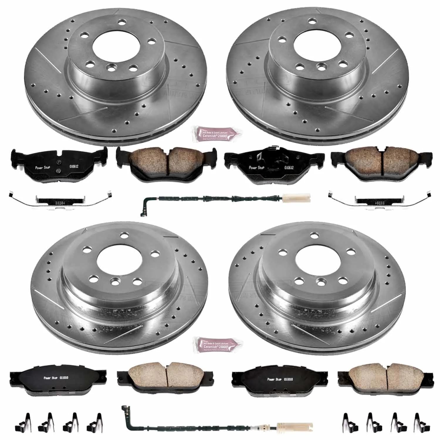 Power Stop K4104 Z23 Carbon Fiber Brake Pads Front and Rear with Drilled & Slotted Brake Rotors Kit and 1 Front & 1 Rear Sensor Wires For BMW 328i, BMW 328i xDr, BMW 3 [Model Specific]