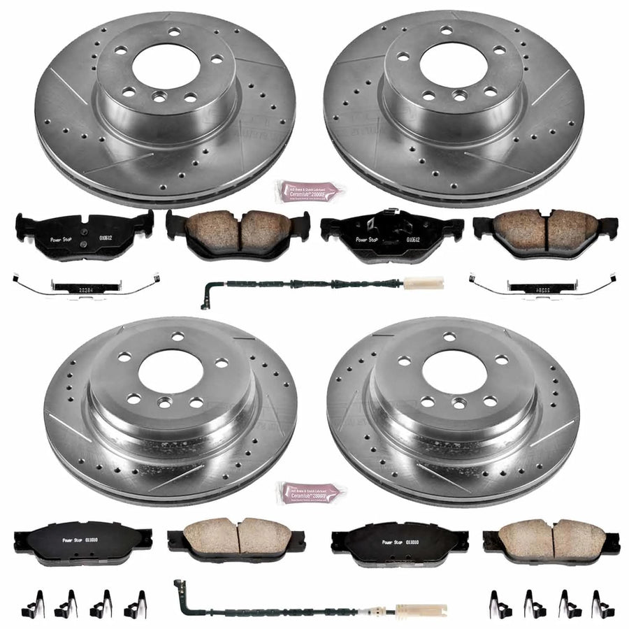 Power Stop K4104 Z23 Carbon Fiber Brake Pads Front and Rear with Drilled & Slotted Brake Rotors Kit and 1 Front & 1 Rear Sensor Wires For BMW 328i, BMW 328i xDr, BMW 3 [Model Specific]
